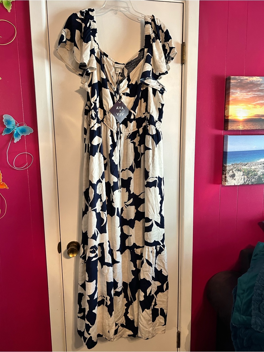 Ava & Viv Navy and Cream Floral Ruffle Maxi Dress